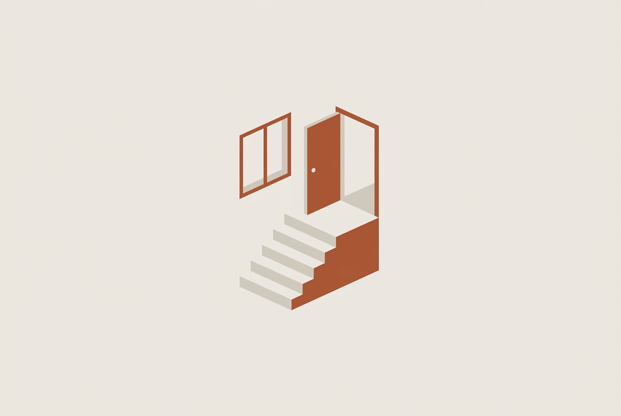 開かれた扉へと続く階段を描いたミニマルな建築イラスト