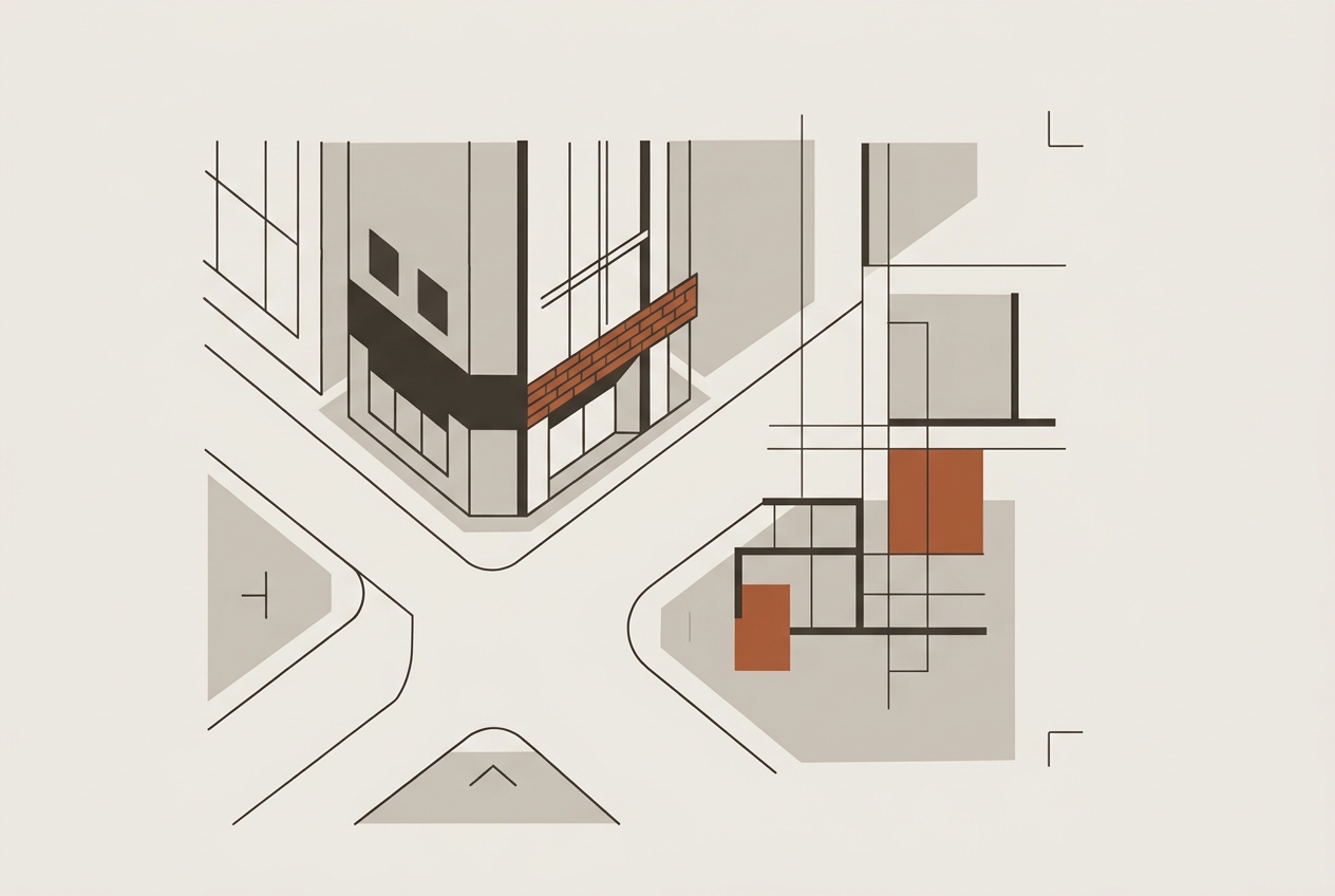 建物の設計図とグリッドが幾何学模様と交差するイラスト
