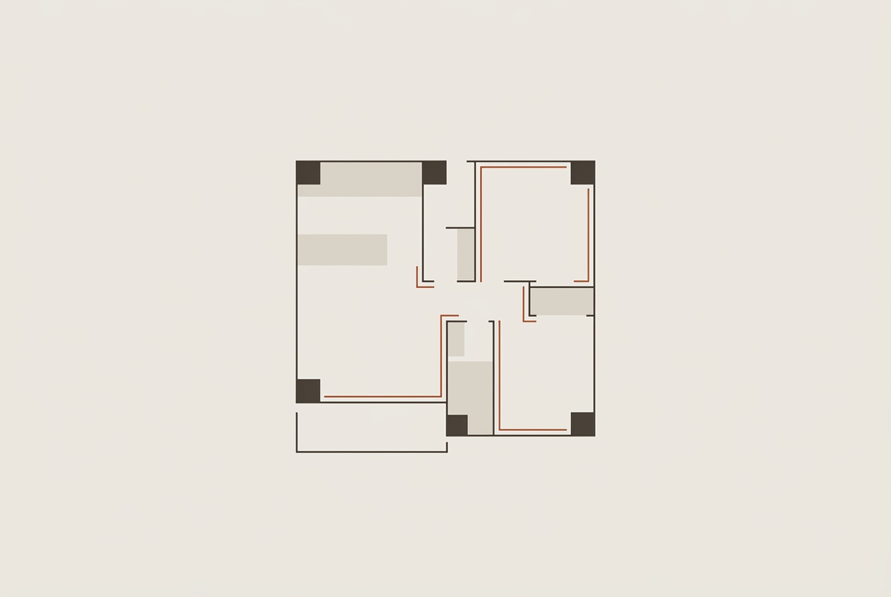 検査箇所や境界線が強調されたマンションの間取り図イラスト