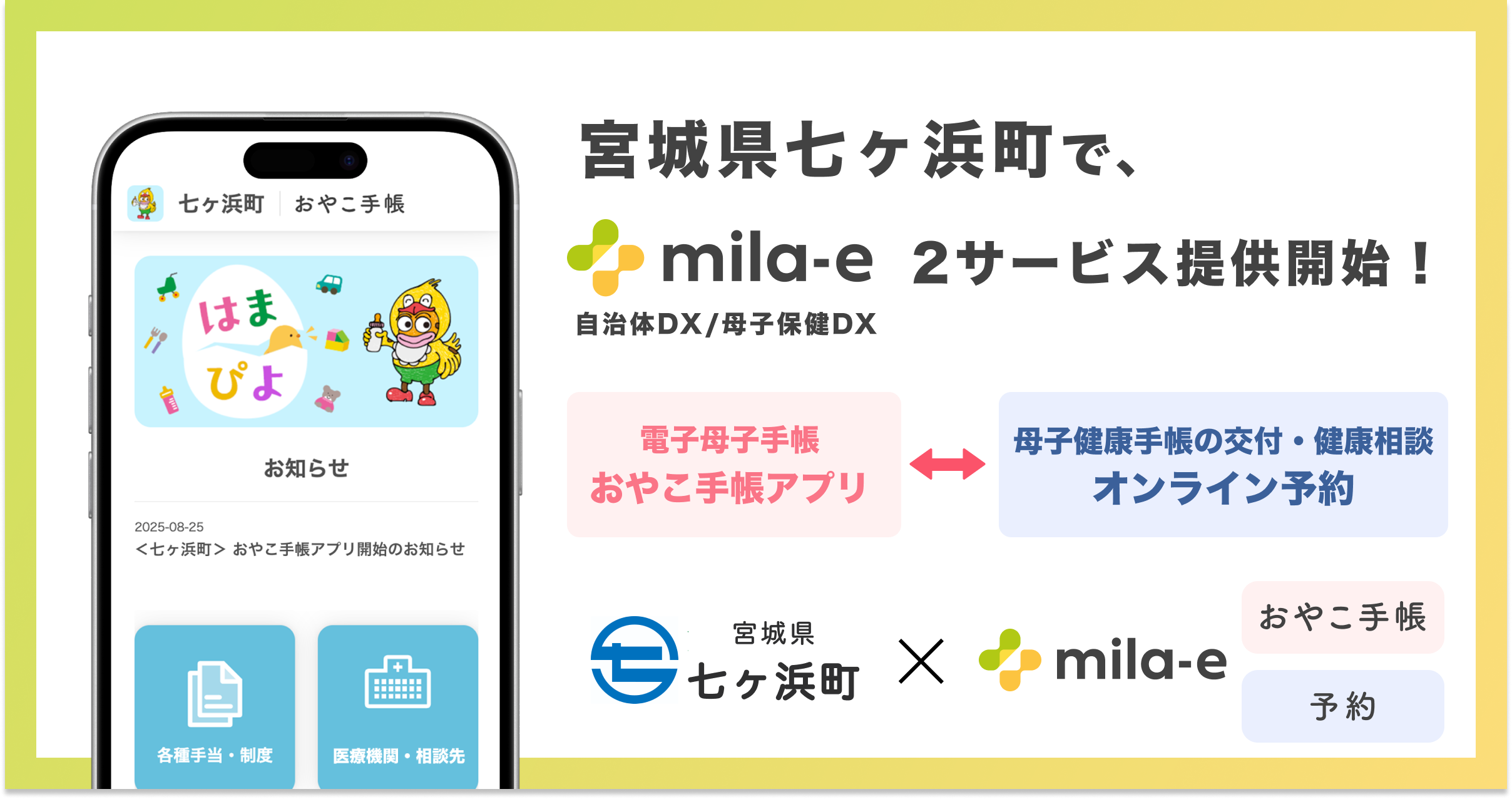 ミラボ、宮城県 七ヶ浜町で、母子保健DX「mila-e」母子手帳アプリ・オンライン予約の提供を開始
