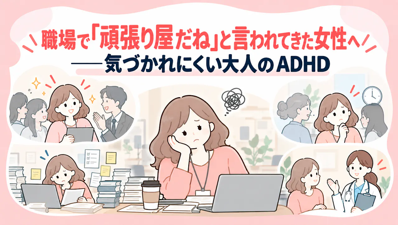 職場で「頑張り屋だね」と言われてきた女性へ——気づかれにくい大人のADHDの記事のアイキャッチ