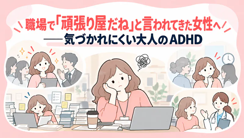 職場で「頑張り屋だね」と言われてきた女性へ——気づかれにくい大人のADHDの記事のアイキャッチ