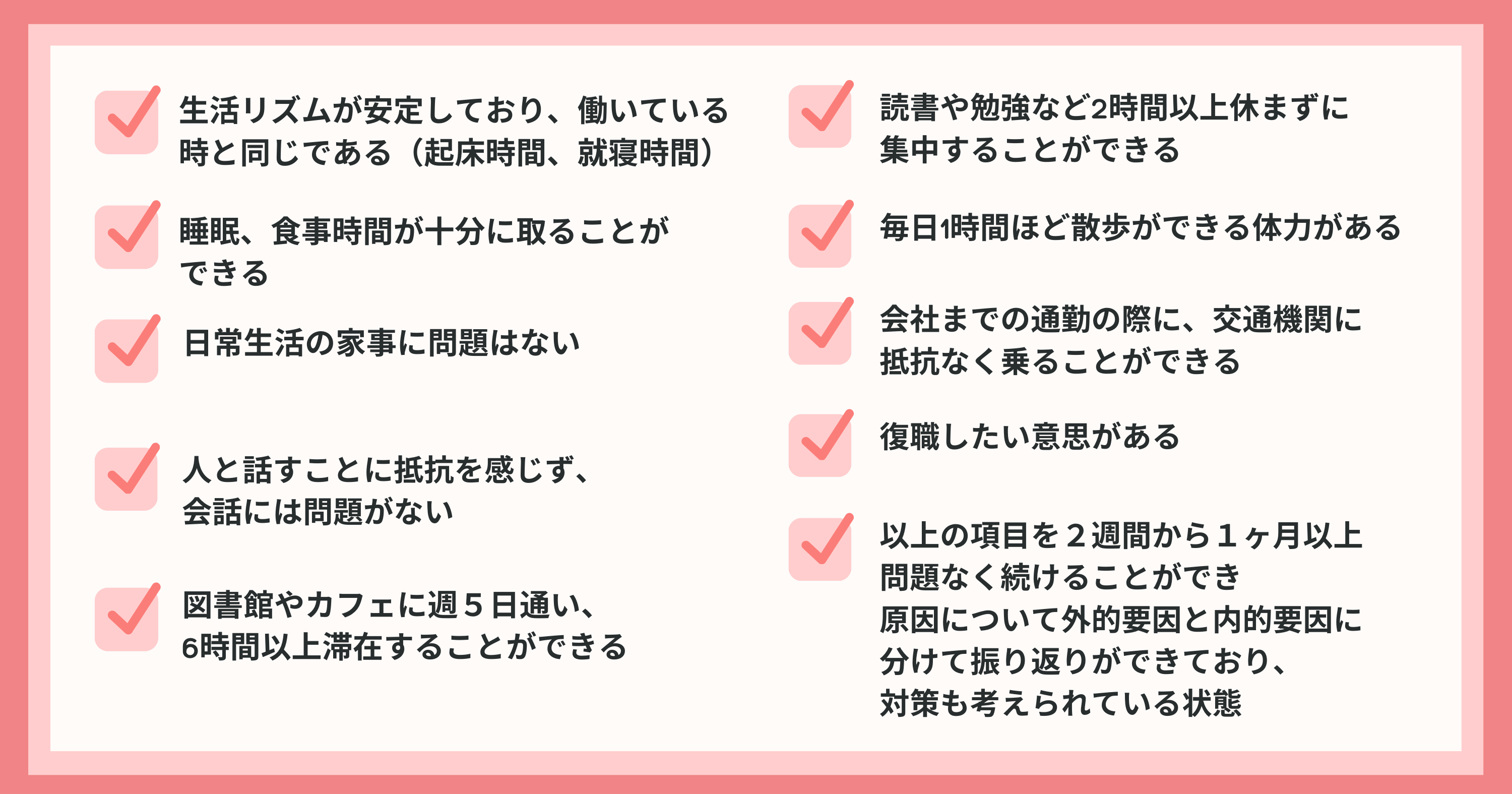 休職後の職場復帰目安をチェック一覧