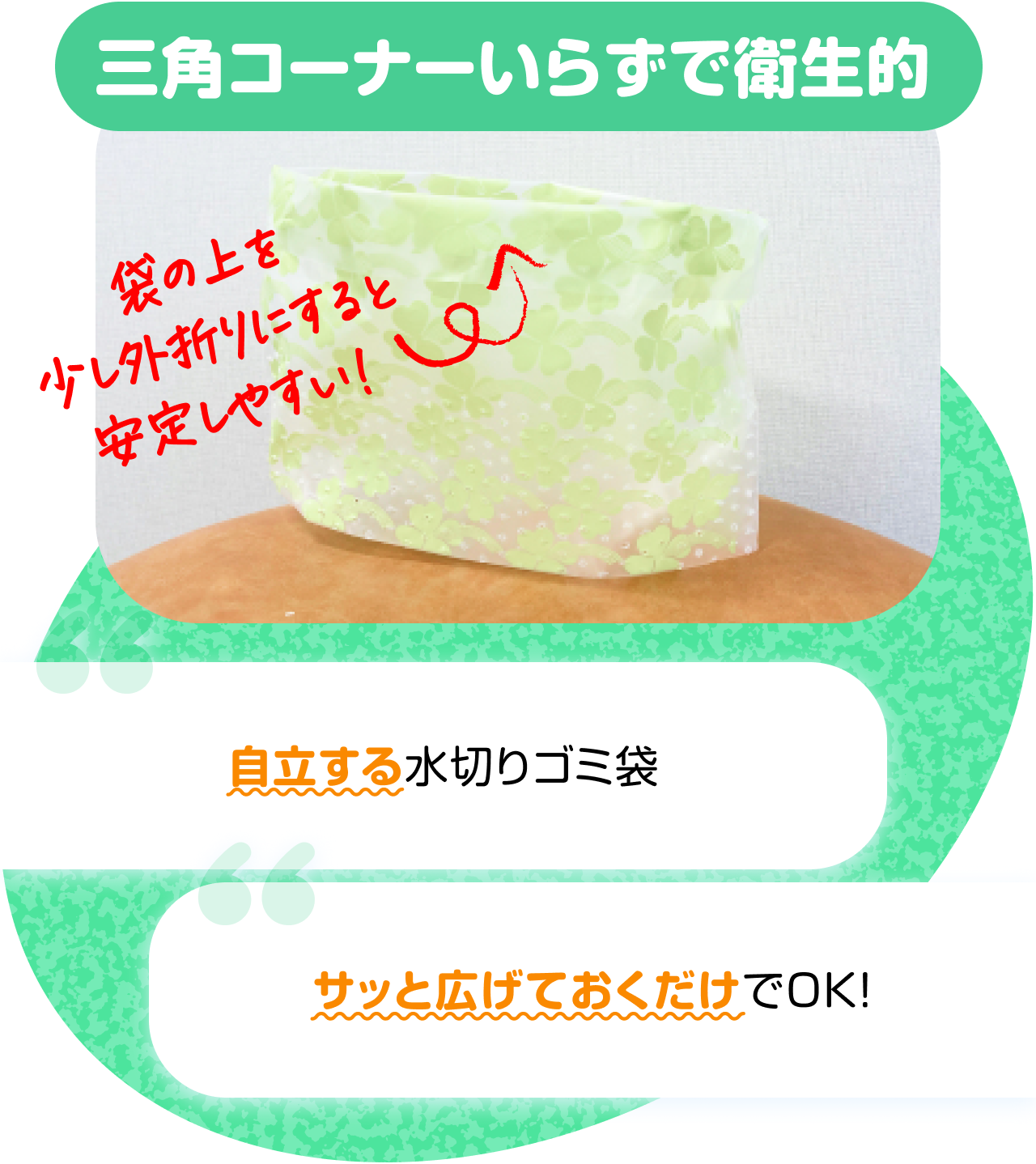 三角コーナーいらずで衛生的　“袋の上を少し外折りにすると安定しやすい！” “自立する水切りゴミ袋” “サッと広げておくだけでOK！”