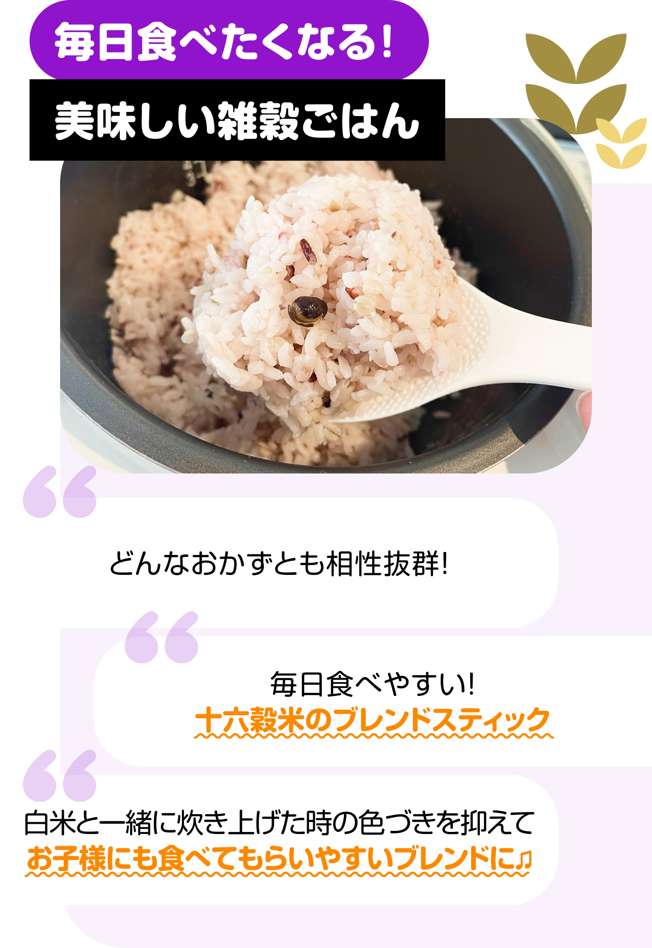 毎日食べたくなる！美味しい雑穀ごはん　“どんなおかずとも相性抜群！” “毎日食べやすい！十六穀米のブレンドスティック” “白米と一緒に炊き上げた時の色づきを抑えてお子様にも食べてもらいやすいブレンドに♫”