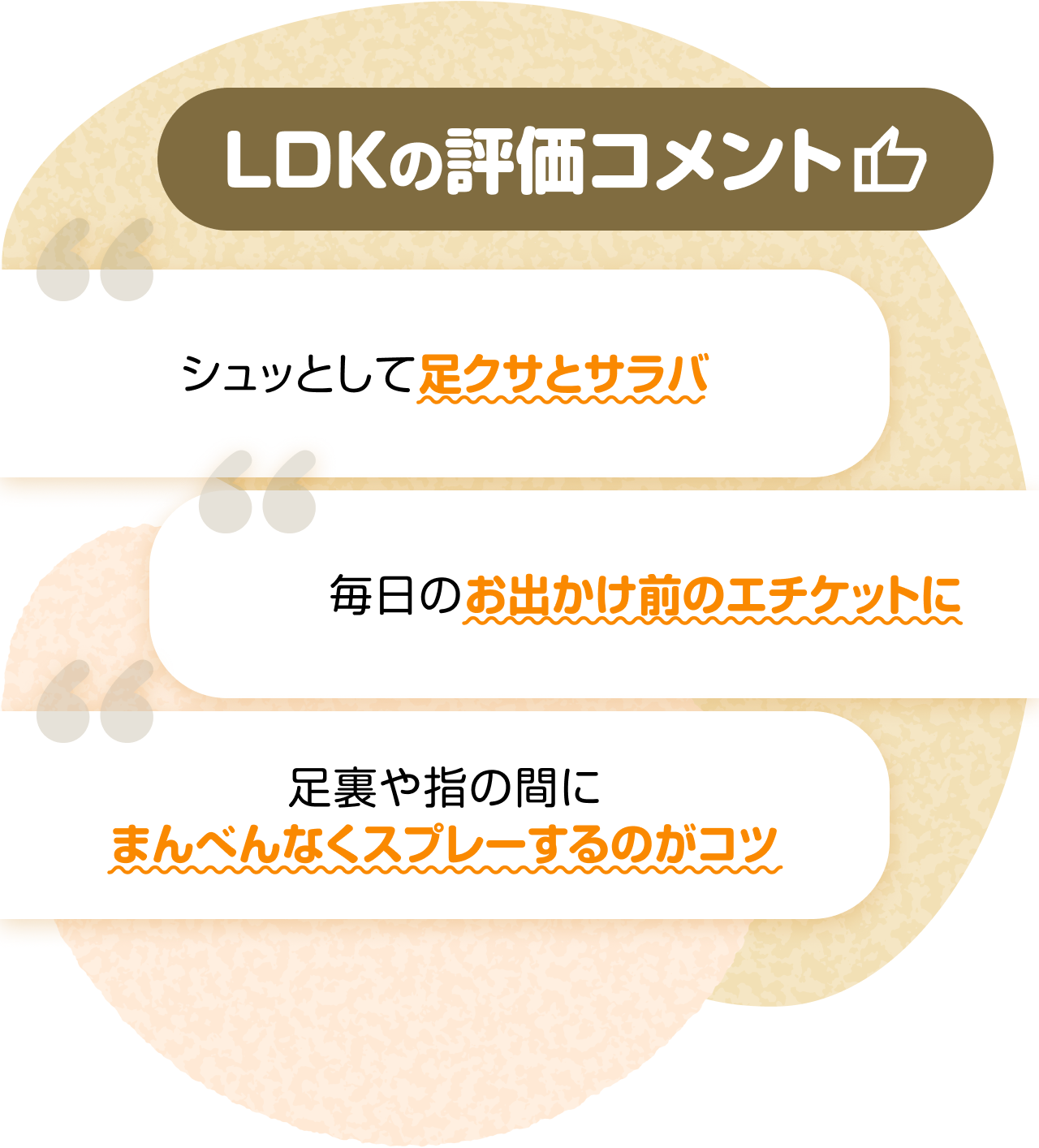LDKの評価コメント　“シュッとして足クサとサラバ” “毎日のお出かけ前のエチケットに” “足裏や指の間にまんべんなくスプレーするのがコツ”