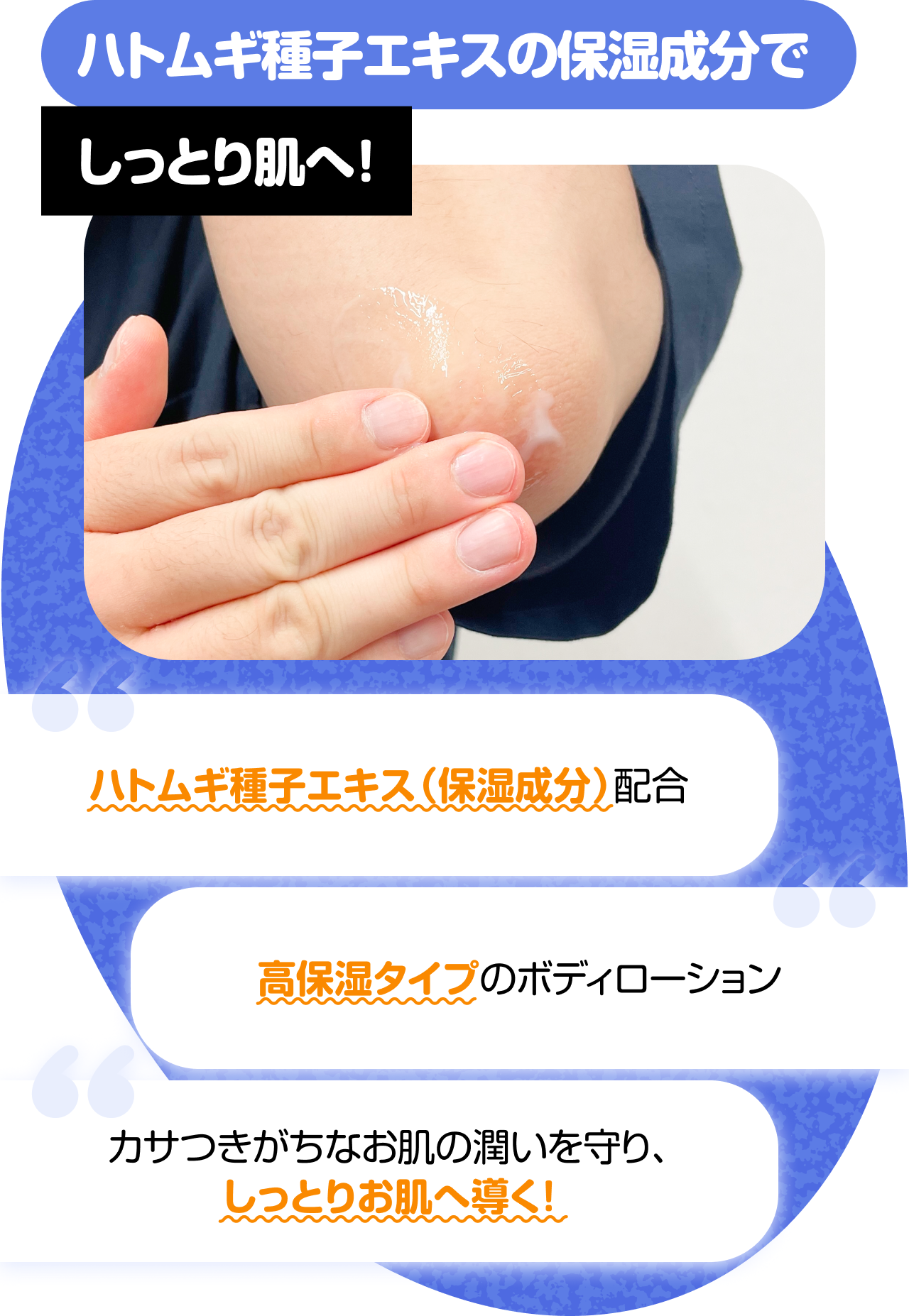 ハトムギ種子エキスの保湿成分でしっとり肌へ！　“ハトムギ種子エキス（保湿成分）配合” “高保湿タイプのボディローション” “カサつきがちなお肌の潤いを守り、しっとりお肌へ導く！”