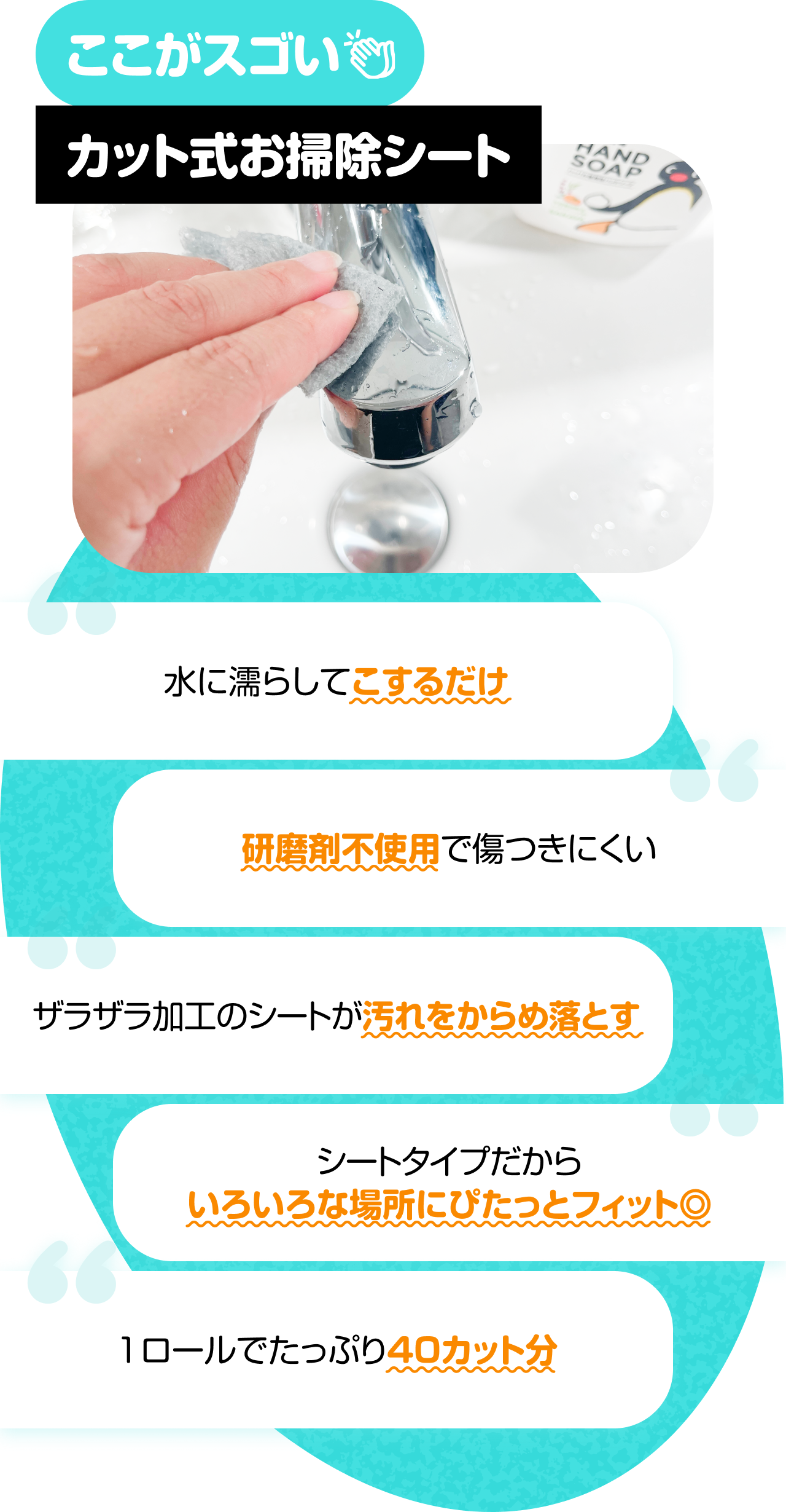ここがスゴいカット式お掃除シート　“水に濡らしてこするだけ” “研磨剤不使用で傷つきにくい” “ザラザラ加工のシートが汚れをからめ落とす” “シートタイプだからいろいろな場所にぴたっとフィット◎” “1ロールでたっぷり40カット分”