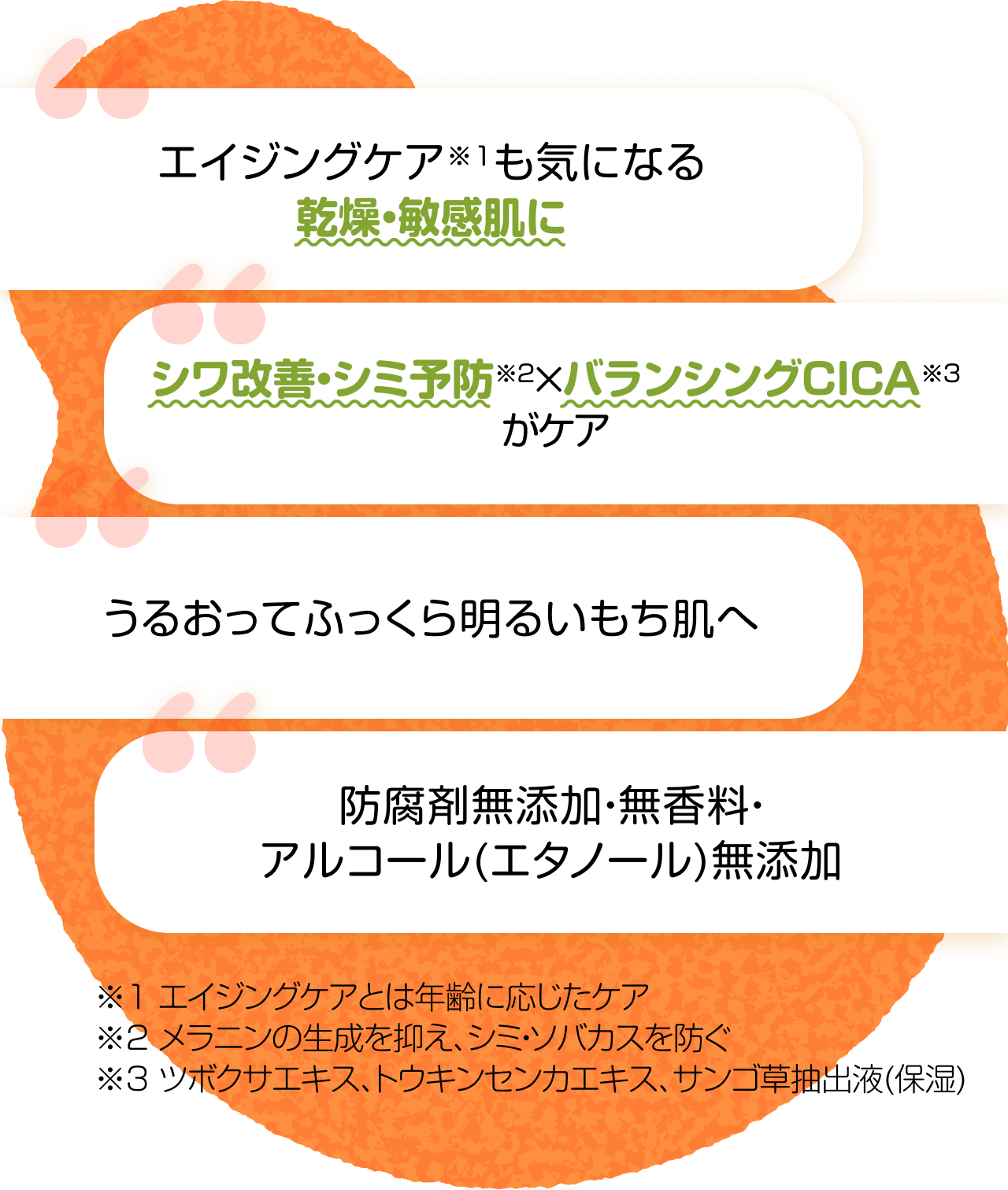 “エイジングケア※1も気になる乾燥・敏感肌に” “シワ改善・シミ予防※2×バランシングCICA※3がケア”“うるおってふっくら明るいもち肌へ” “防腐剤無添加・無香料・アルコール(エタノール)無添加” ※1 エイジングケアとは年齢に応じたケア ※2 メラニンの生成を抑え、シミ・ソバカスを防ぐ ※3 ツボクサエキス、トウキンセンカエキス、サンゴ草抽出液(保湿)