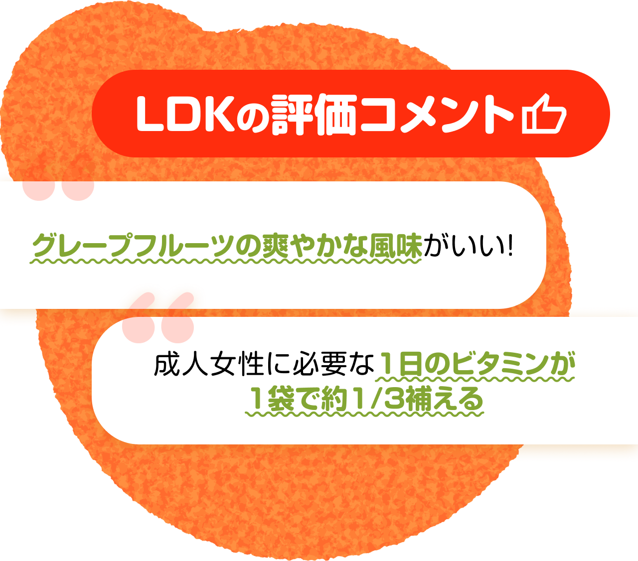 LDKの評価コメント　“グレープフルーツの爽やかな風味がいい！” “成人女性に必要な1日のビタミンが1袋で約1/3補える”
