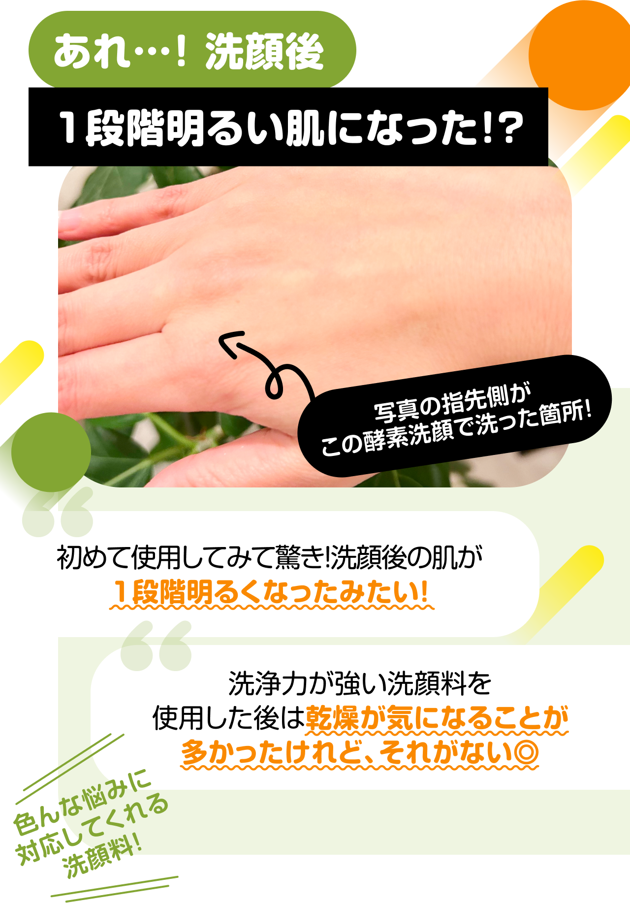 あれ…！ 洗顔後1段階明るい肌になった！？　写真の指先側がこの酵素洗顔で洗った箇所!　“初めて使用してみて驚き！洗顔後の肌が1段階明るくなったみたい！ “洗浄力が強い洗顔料を使用した後は乾燥が気になることが多かったけれど、それがない◎ 色んな悩みに対応してくれる洗顔料!
