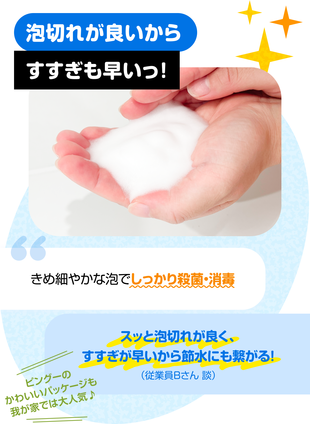 泡切れが良いからすすぎも早いっ！　“きめ細やかな泡でしっかり殺菌・消毒” “スッと泡切れが良く、すすぎが早いから節水にも繋がる！（従業員Bさん 談）” ピングーのかわいいパッケージも我が家では大人気♪