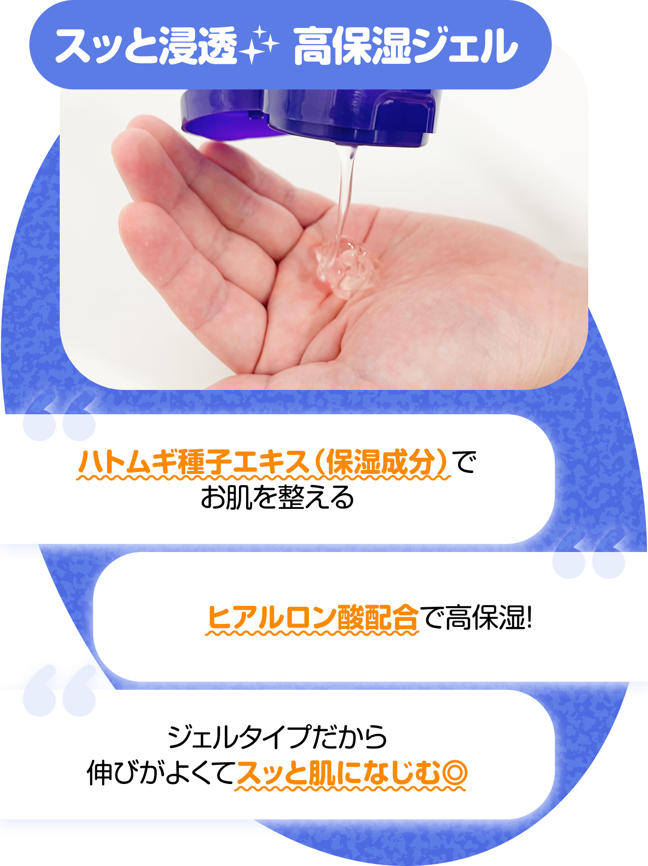 スッと浸透高保湿ジェル　“ハトムギ種子エキス（保湿成分）でお肌を整える” “ヒアルロン酸配合で高保湿！” “ジェルタイプだから伸びがよくてスッと肌になじむ◎”