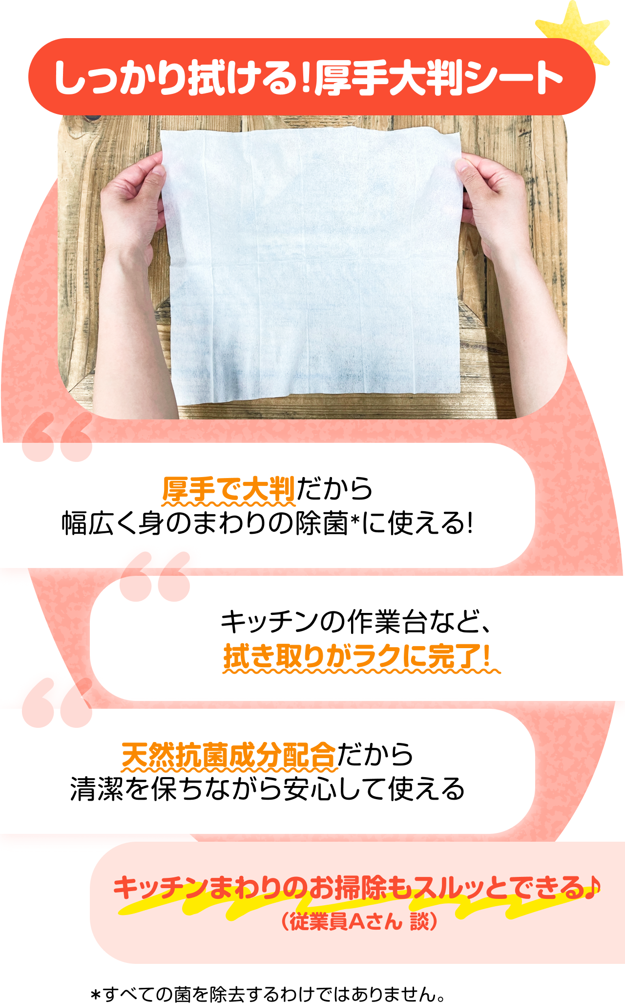 しっかり拭ける！厚手大判シート　“厚手で大判だから幅広く身のまわりの除菌＊に使える！” “キッチンの作業台など、拭き取りがラクに完了！” “天然抗菌成分配合だから清潔を保ちながら安心して使える” “キッチンまわりのお掃除もスルッとできる♪（従業員Aさん 談）”　＊すべての菌を除去するわけではありません。