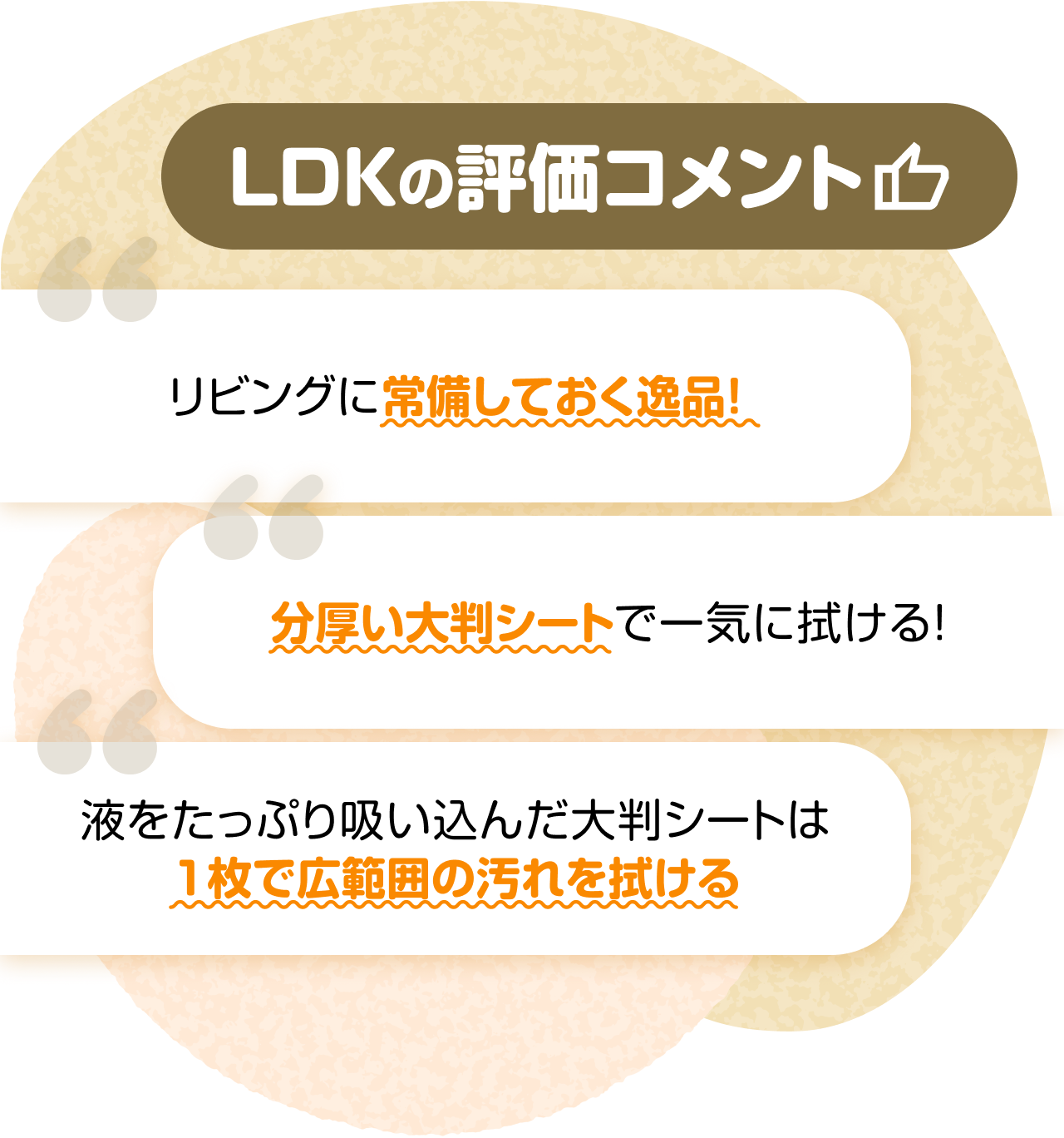 LDKの評価コメント　“リビングに常備しておく逸品！” “分厚い大判シートで一気に拭ける！” “液をたっぷり吸い込んだ大判シートは 1枚で広範囲の汚れを拭ける”