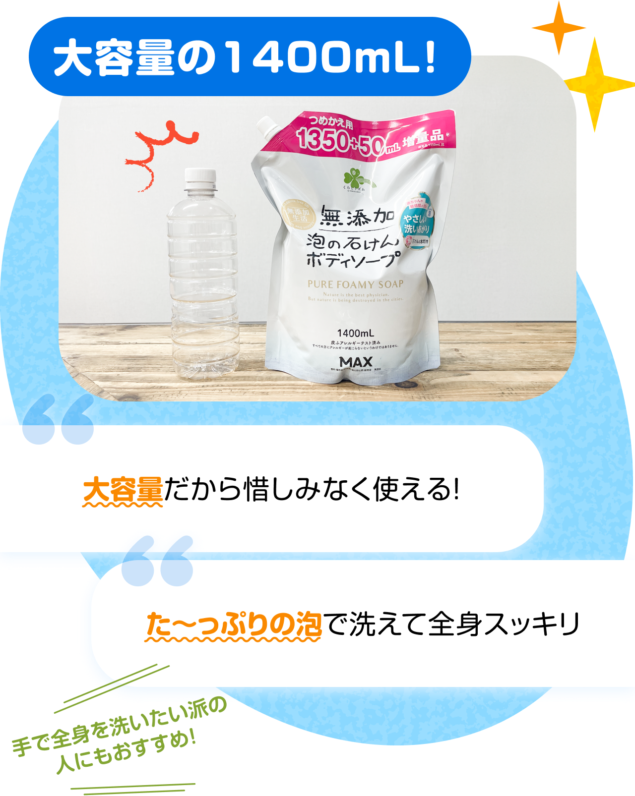 大容量の1400mL！　“大容量だから惜しみなく使える！” “た〜っぷりの泡で洗えて全身スッキリ” 手で全身を洗いたい派の人にもおすすめ！