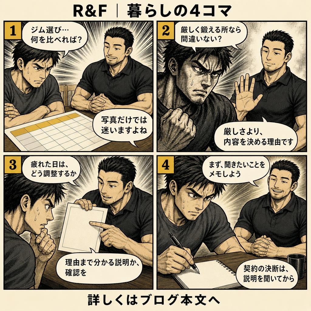 4コマで読む：市川のパーソナルジム選びで確認したい、契約前の質問と説明の受け方