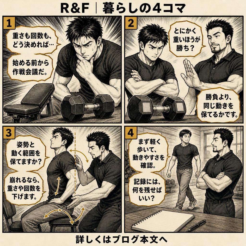 4コマで読む:市川のパーソナルジムが伝える初心者の筋トレ|回数・負荷・記録の基本