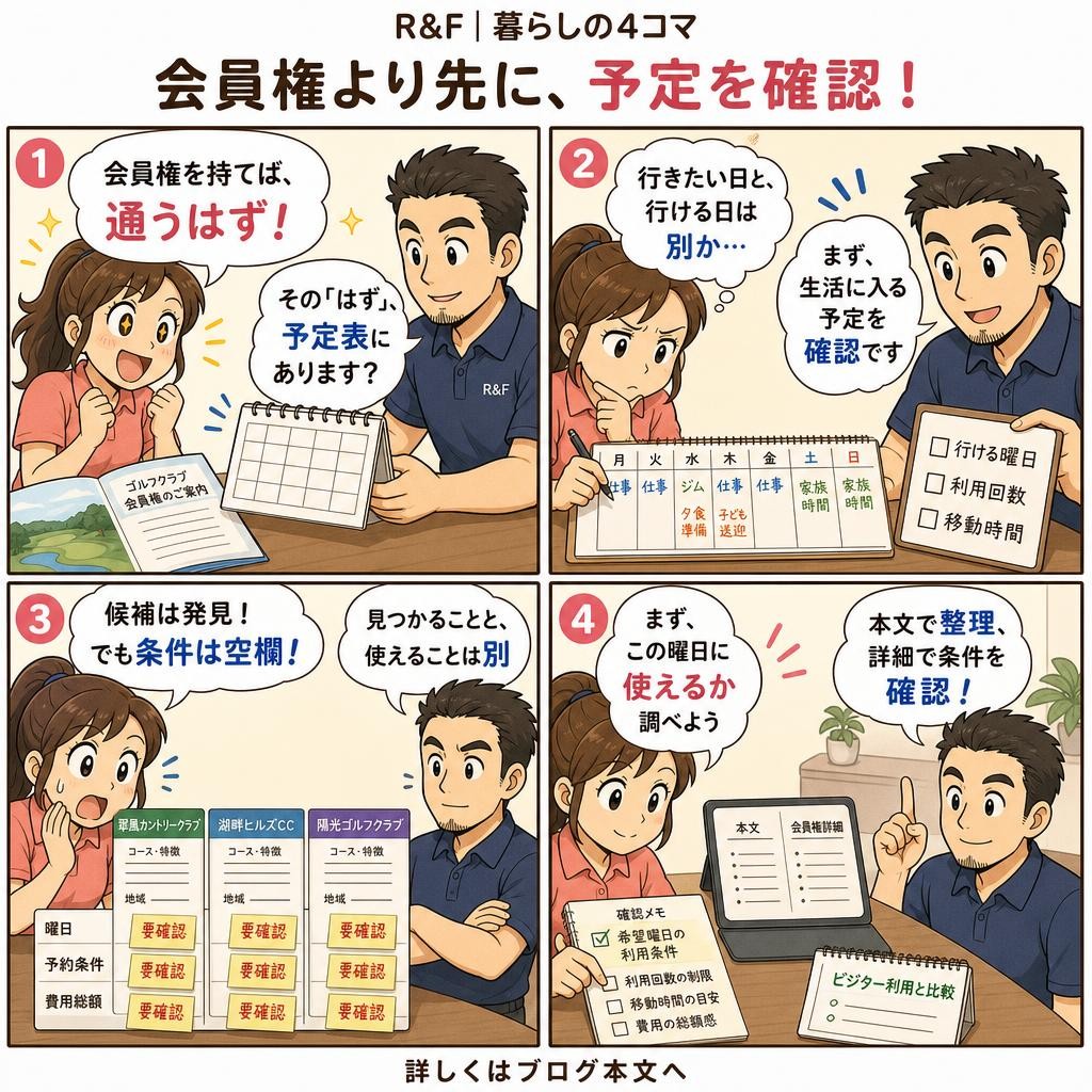 4コマで読む:朝日ゴルフを選ぶ理由は?希望の曜日と利用回数で考える会員権の必要性