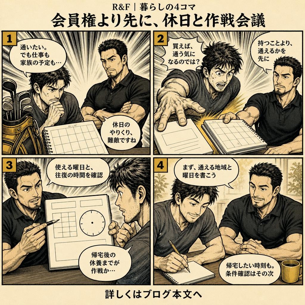 4コマで読む：朝日ゴルフで会員権を探す前に｜無理なく通えるゴルフ場の選び方