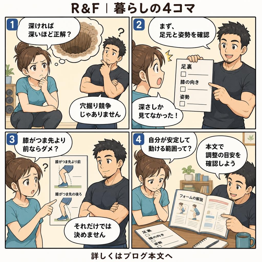 4コマで読む:市川のパーソナルジムが解説|スクワットの深さと足元を見直す判断基準
