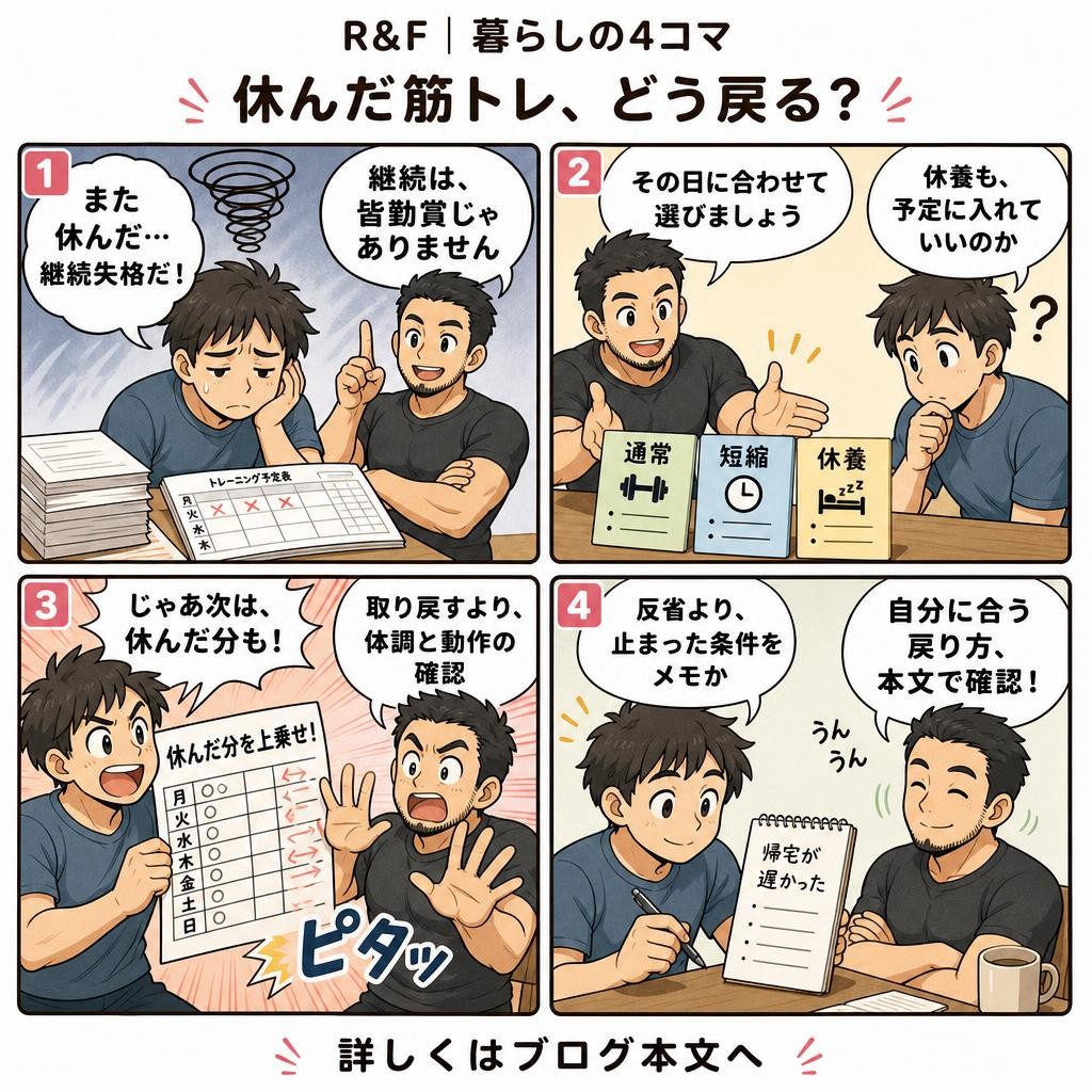 4コマで読む:市川のパーソナルジムが解説|筋トレを続ける「休んだ後」の整え方