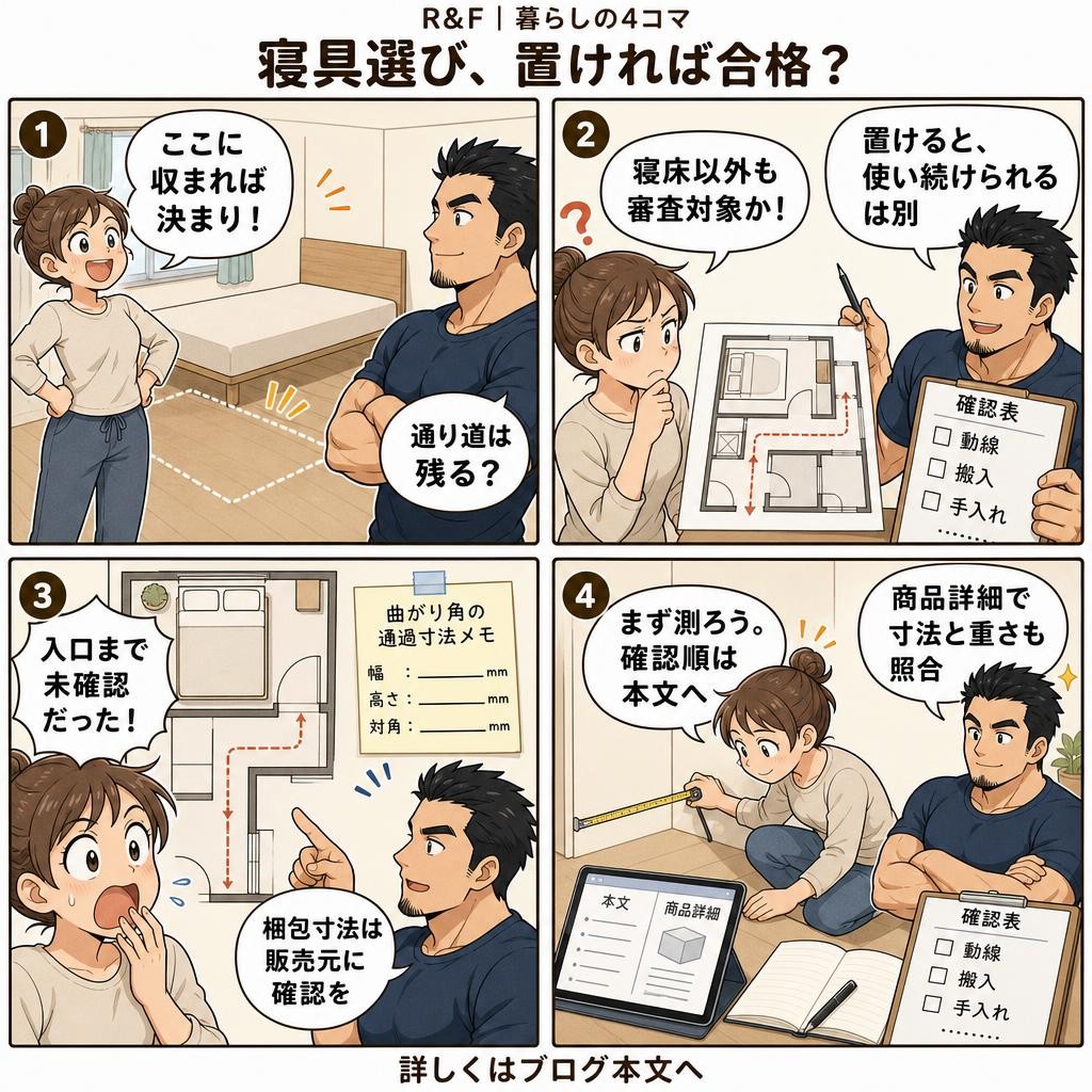4コマで読む:雲のやすらぎ 極マットレスは寝室に置ける?買い替え前の寸法と扱い方