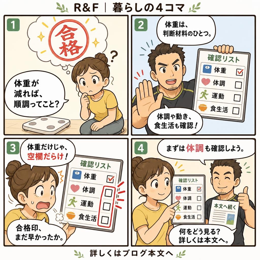 4コマで読む：体重が減った日も確認したいこと｜市川のパーソナルジムR&F