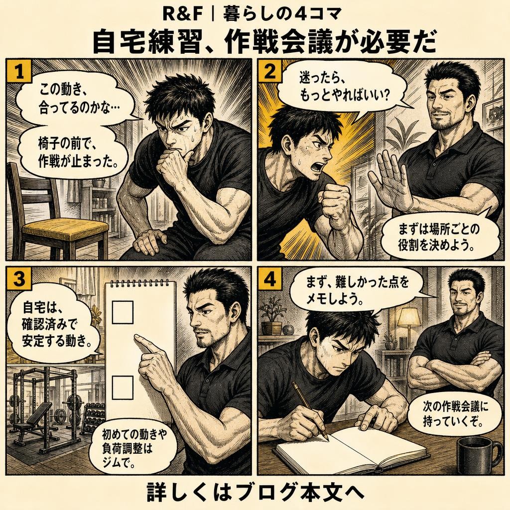4コマで読む:自宅で続ける種目・ジムで見直す種目|市川のパーソナルジムR&F