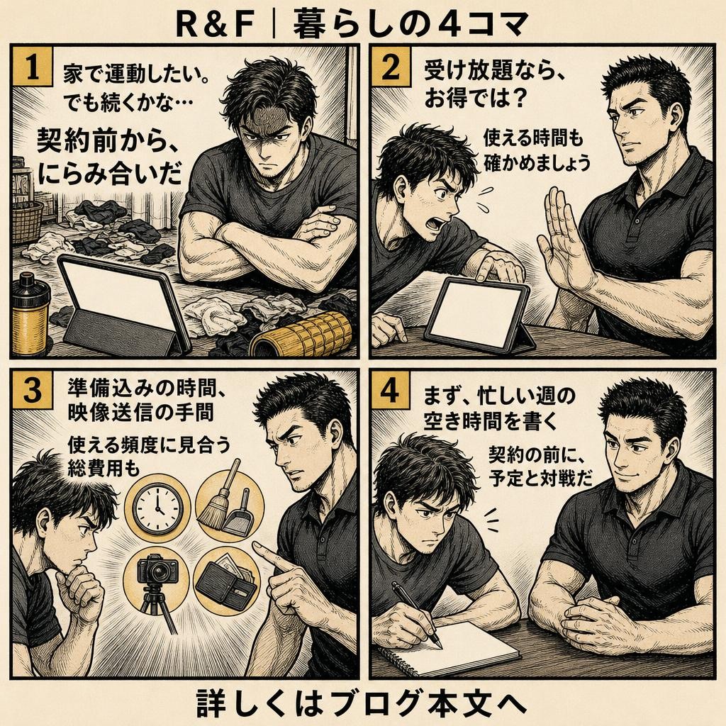 4コマで読む：オンラインヨガの費用と手間は？受講時間・映像送信・契約で選ぶ基準