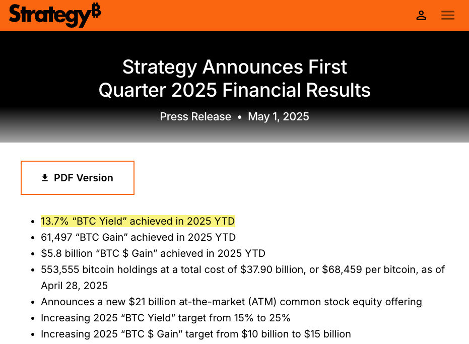 Strategy Inc.によるBTCイールド報告例