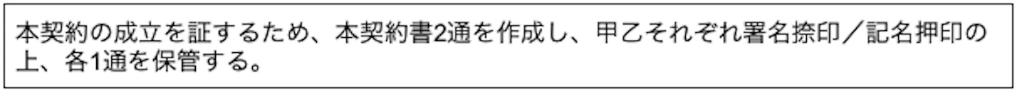本契約の成立を証するため、本契約書2通を作成し、甲乙それぞれ署名捺印／記名押印の 上、各1通を保管する。