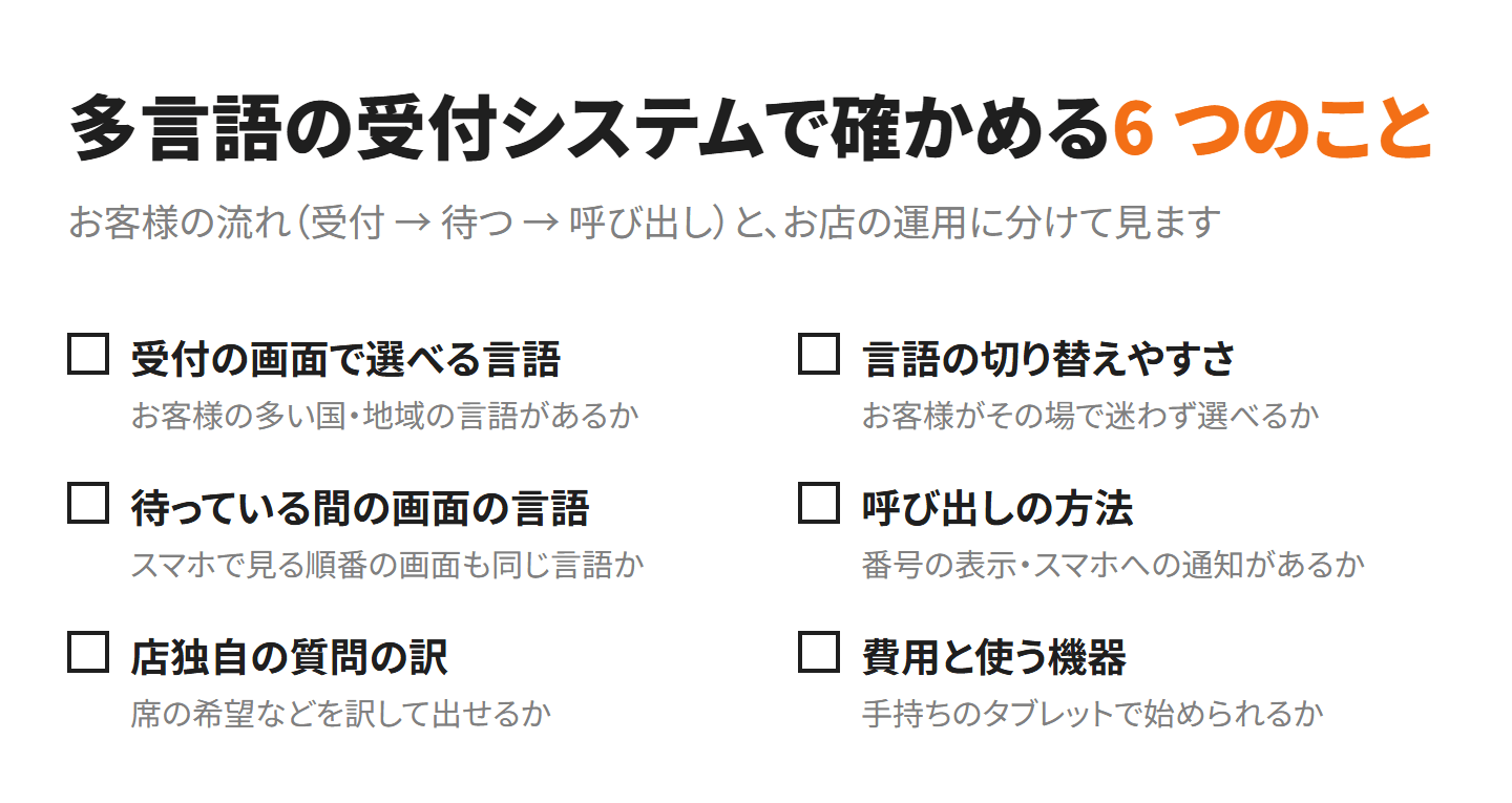 多言語の受付システムで確かめる 6 つのこと。受付の画面で選べる言語、言語の切り替えやすさ、待っている間の画面の言語、呼び出しの方法、店独自の質問の訳、費用と使う機器