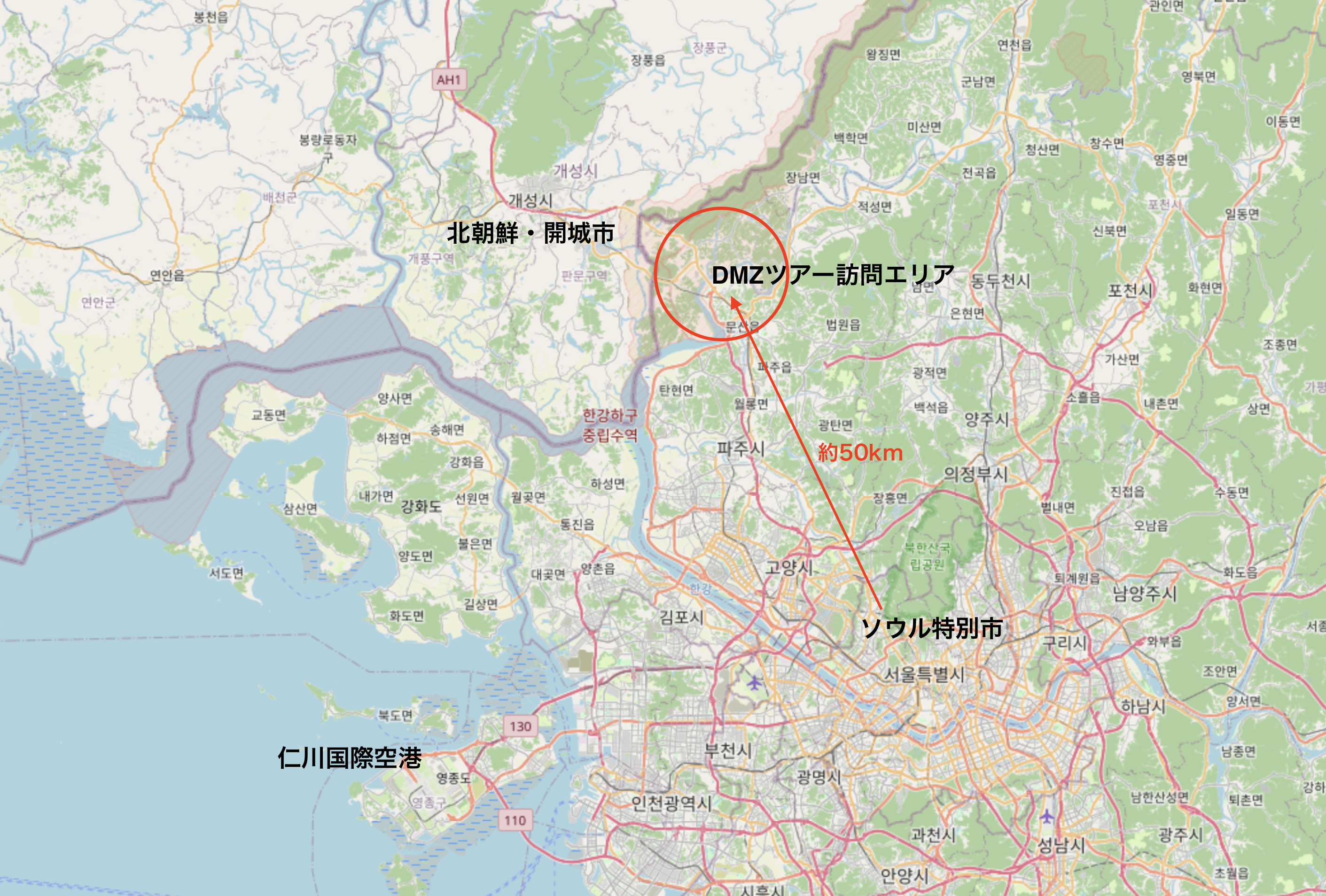 ソウルから軍事境界線を俯瞰した地図