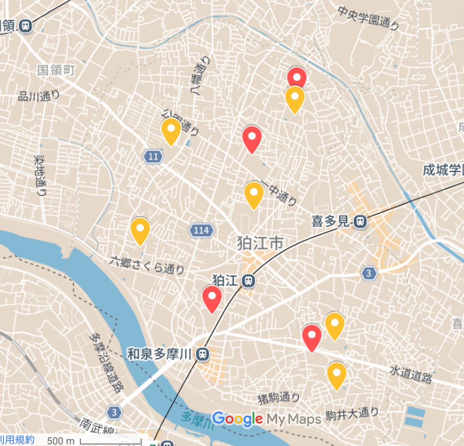 狛江市の小・中学校を Googleマップで見る