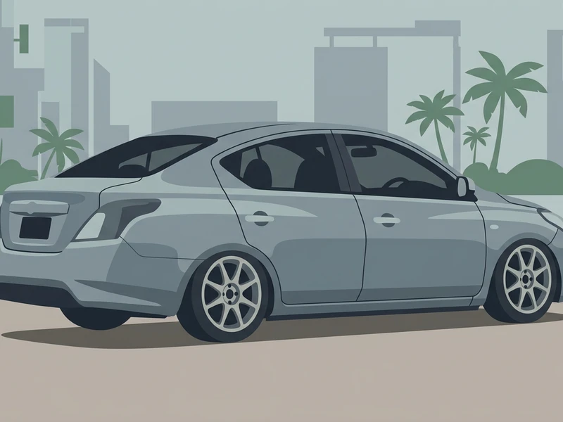 車高調装着でローダウンしたN17アルメーラ — リア斜め後方からの構図、ホイールアーチとタイヤのクリアランスが詰まった状態