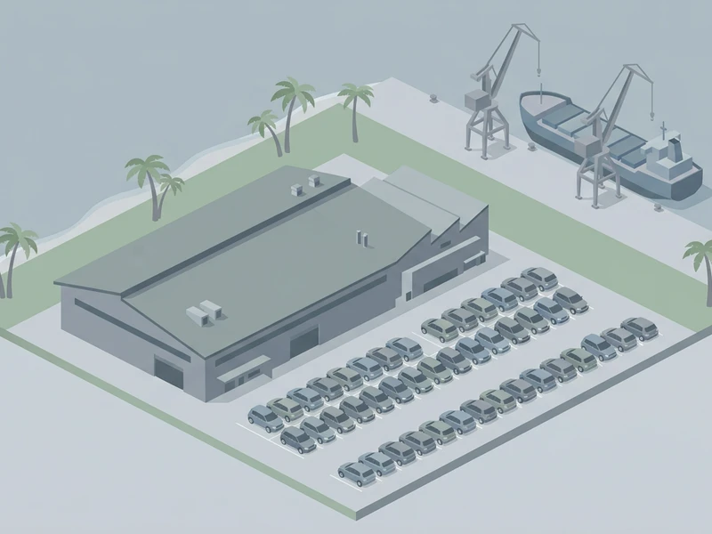 タイ・レムチャバン港に隣接する自動車工場。港のクレーン・完成車のモータープール・工場建屋が並ぶ