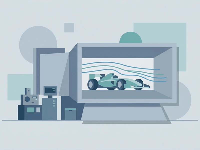 風洞実験のイメージ。小型風洞の中にレーシングカーの縮小モデルが設置され、空気の流れが可視化されているシーン