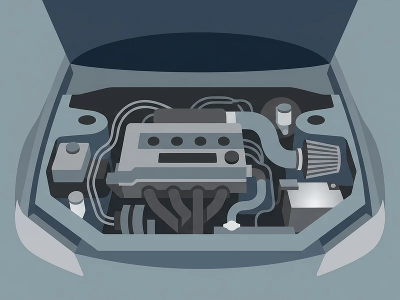 HR15DE 1.5L直列4気筒エンジンのエンジンルーム概念イラスト — エアフィルターとエキゾーストマニフォールドが見える
