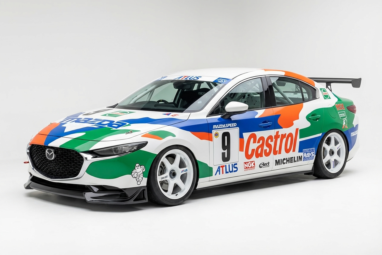 マツダ MAZDA3セダン(BP系)JTCC仕様レーシングカー。マルチカラージオメトリックライバリー