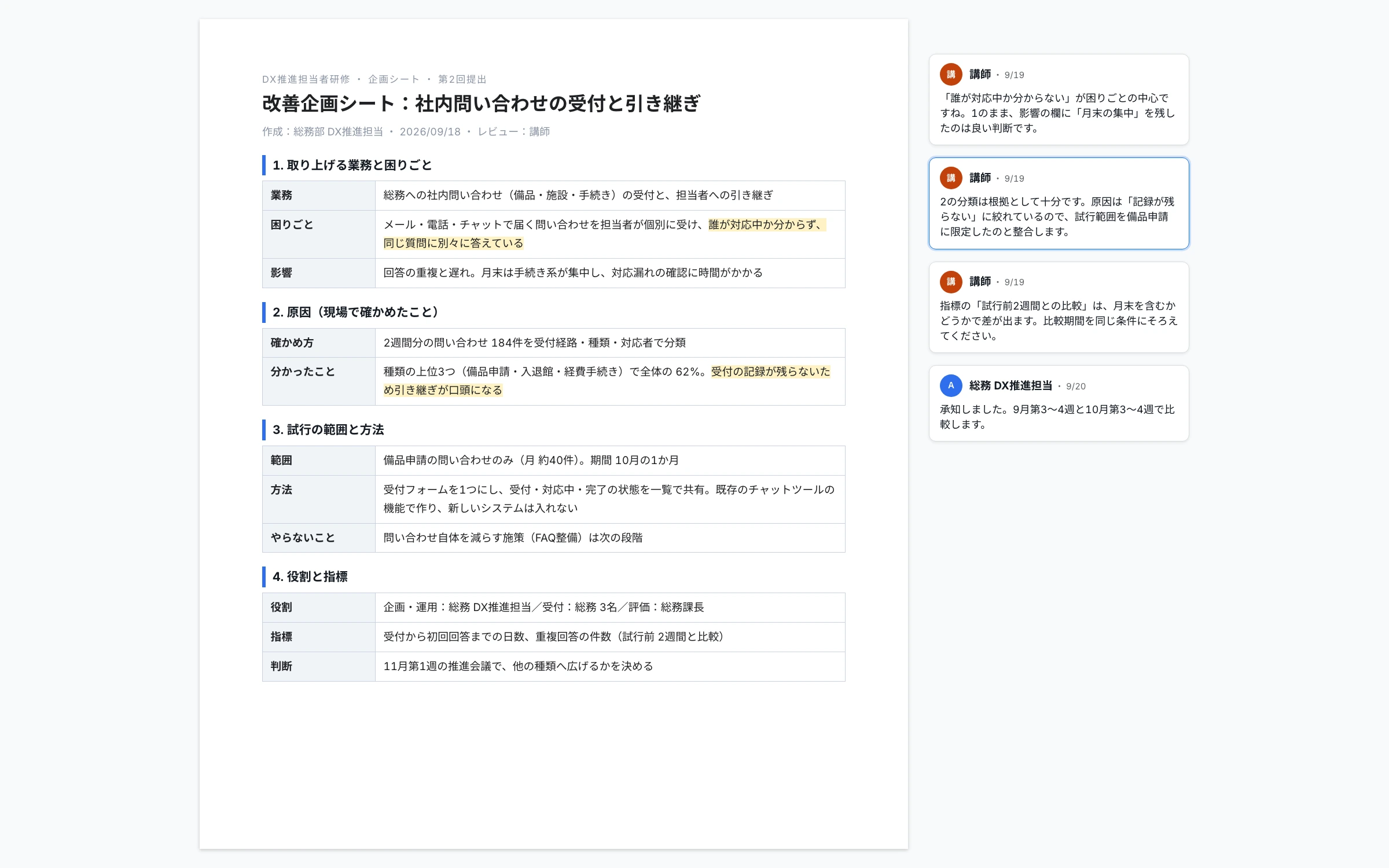 ドキュメント編集画面。改善企画シートの各項目と、講師のコメント。