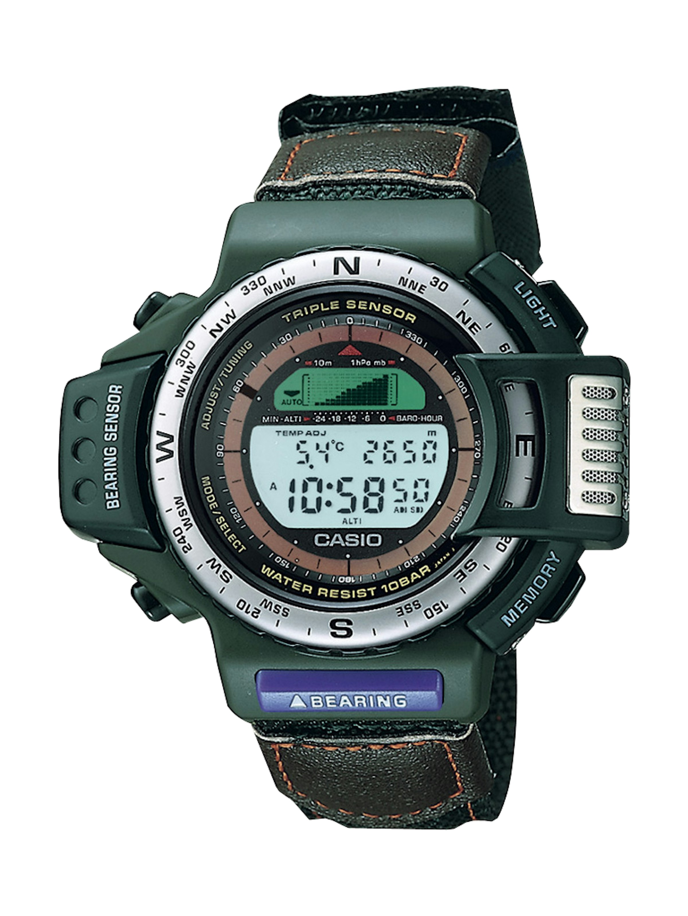 「プロトレック」の初号機となるDPX-500。当時は高度、方位、気圧が計測できるデジタル時計は他になかったという唯一無二の一品。ボタン電池から磁気センサーを離すため、ベゼル部分の左側に磁気センサーをレイアウトしている（参考商品）