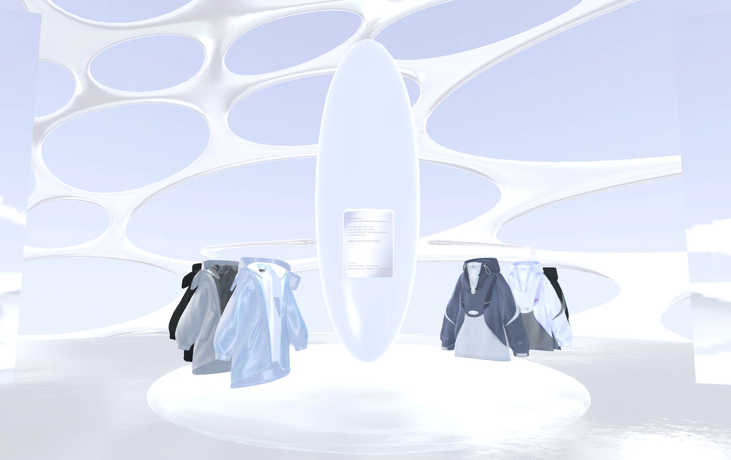アバターウェア Shelter Coat、Y2K Anorakの展示風景。ここから服を取り、試着体験をすることができる