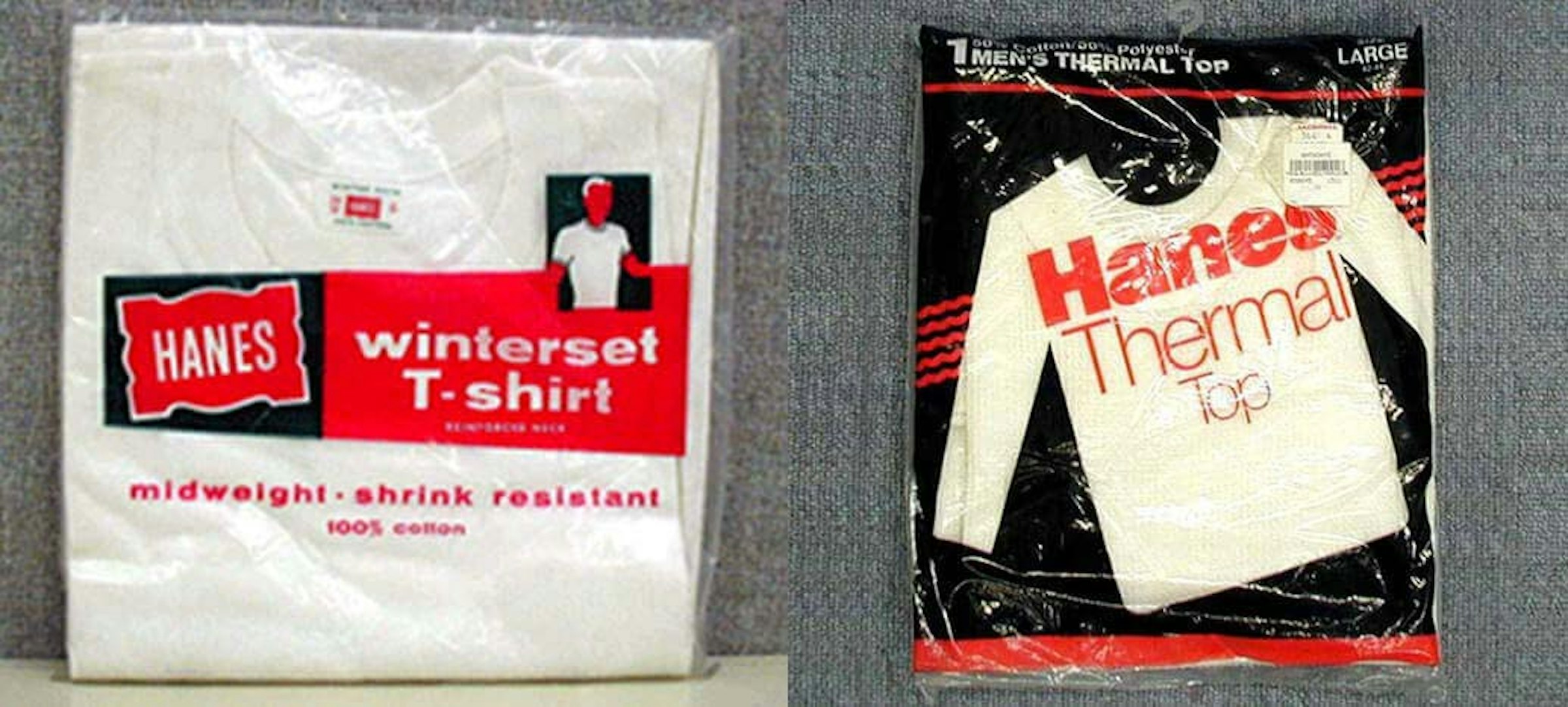 Left-hand side: Hanes Winter Set T-Shirt when it was released, Right-hand side: Thermal Top when it was released
