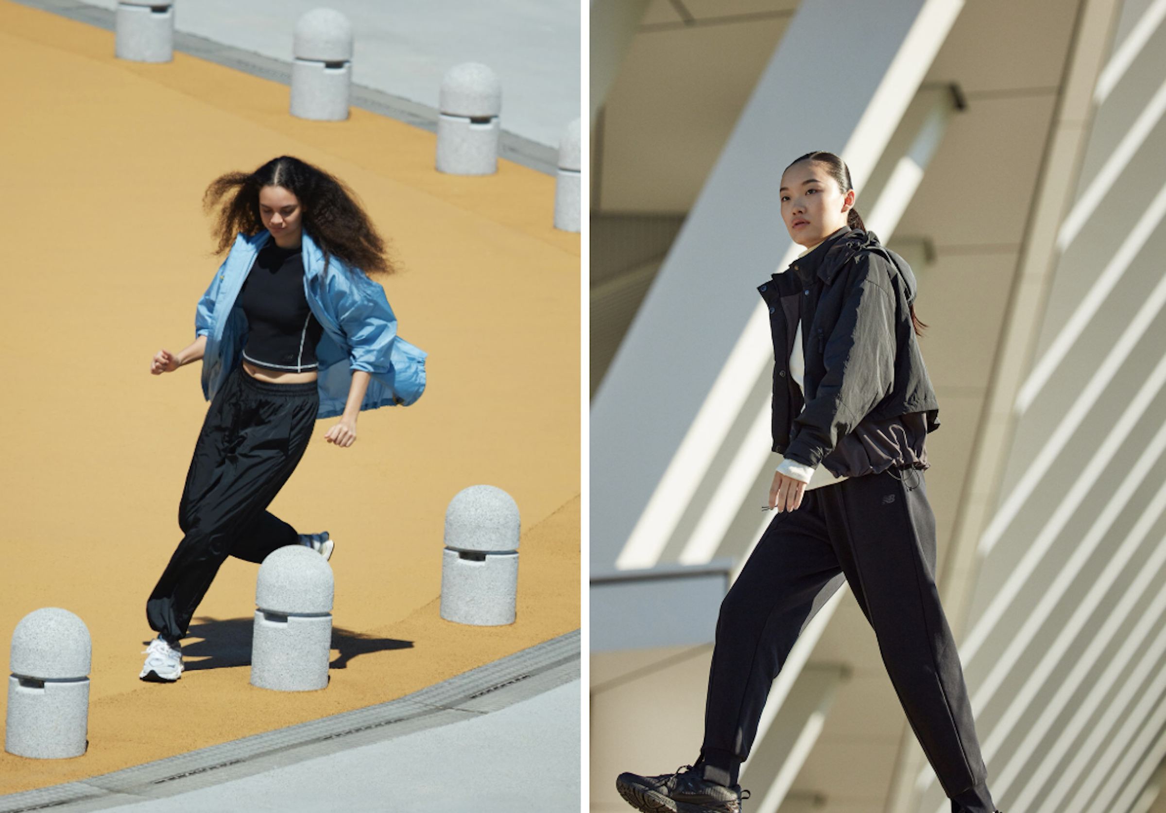 左「NB Grey Stand Collar Jacket」27,940円（税込）、「NB Grey Tapered Pant」14,960円（税込）、「9060」24,200円（税込）、右「NB Grey Padded Short Jacket」39,600円（税込）、「NB Grey Sweatpant」11,990円（税込）、「1906R」22,000円（税込）