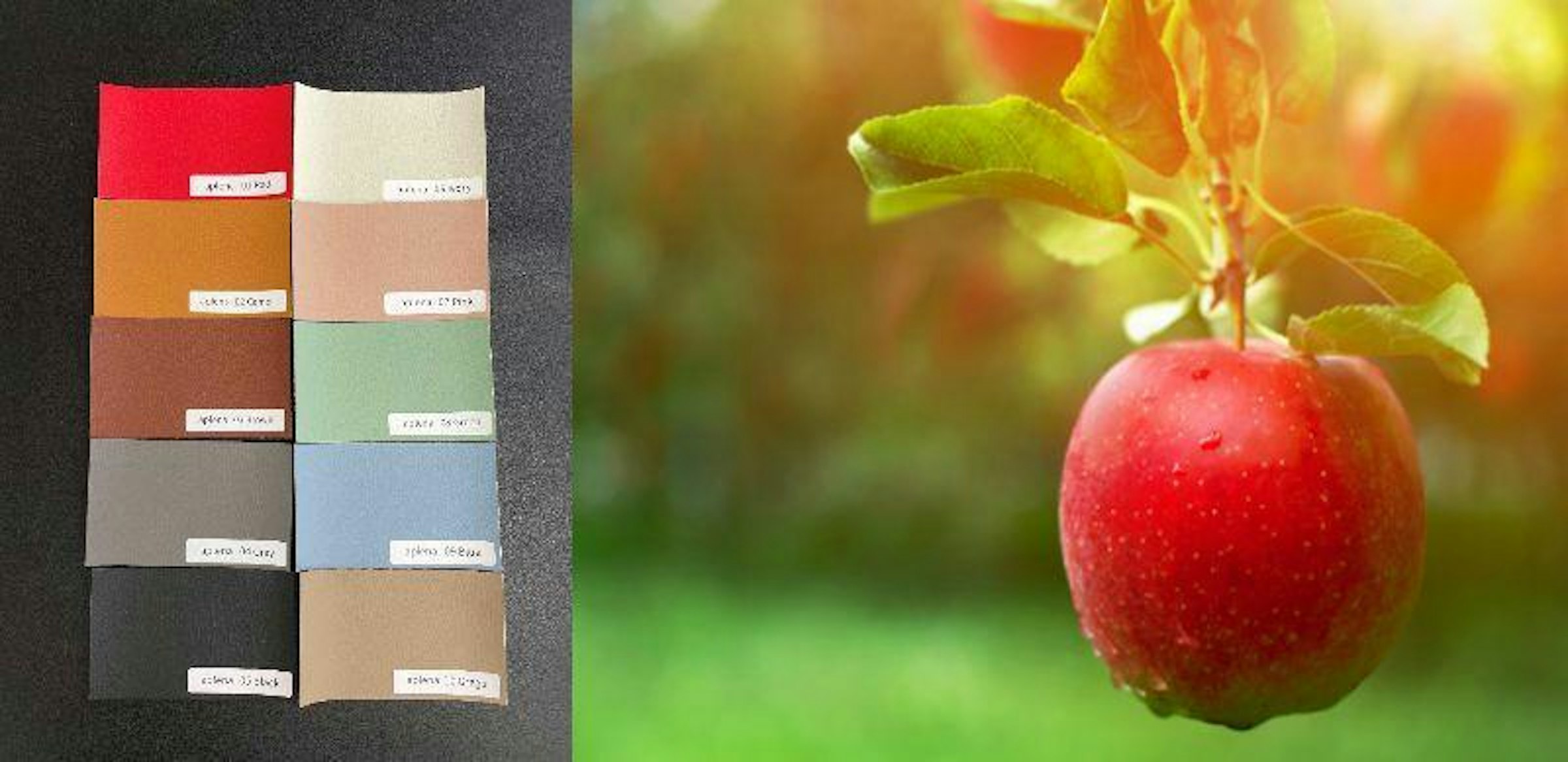 表:りんご25％PU75％裏:レーヨン35％ポリエステル65％を配合。カラーは10色を揃える。アプレナは共和ライフテクノ株式会社の商標