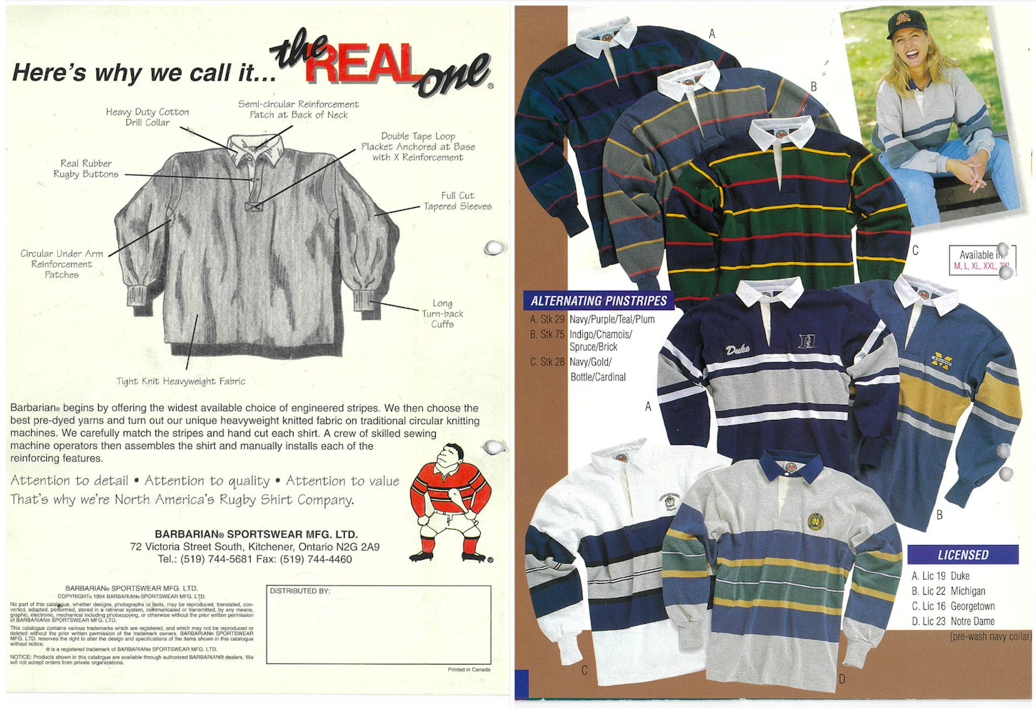 From the 1992 catalog, listing the basic details of the rugby shirts and the Alternating Pinstripes pattern