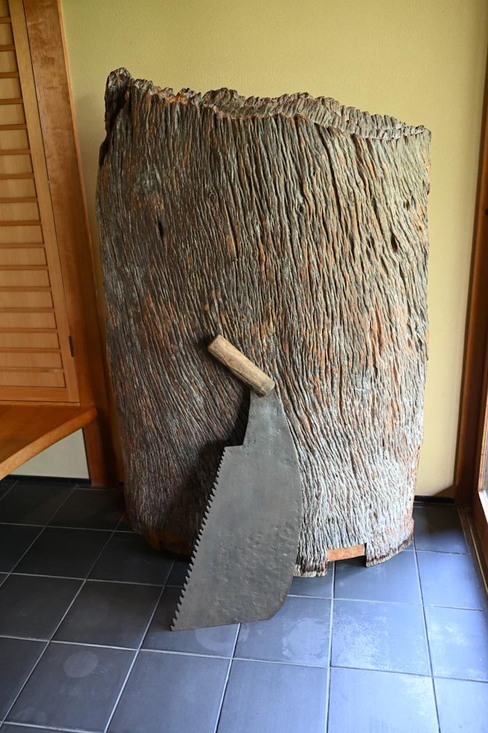 Wood and a saw displayed at the entrance
