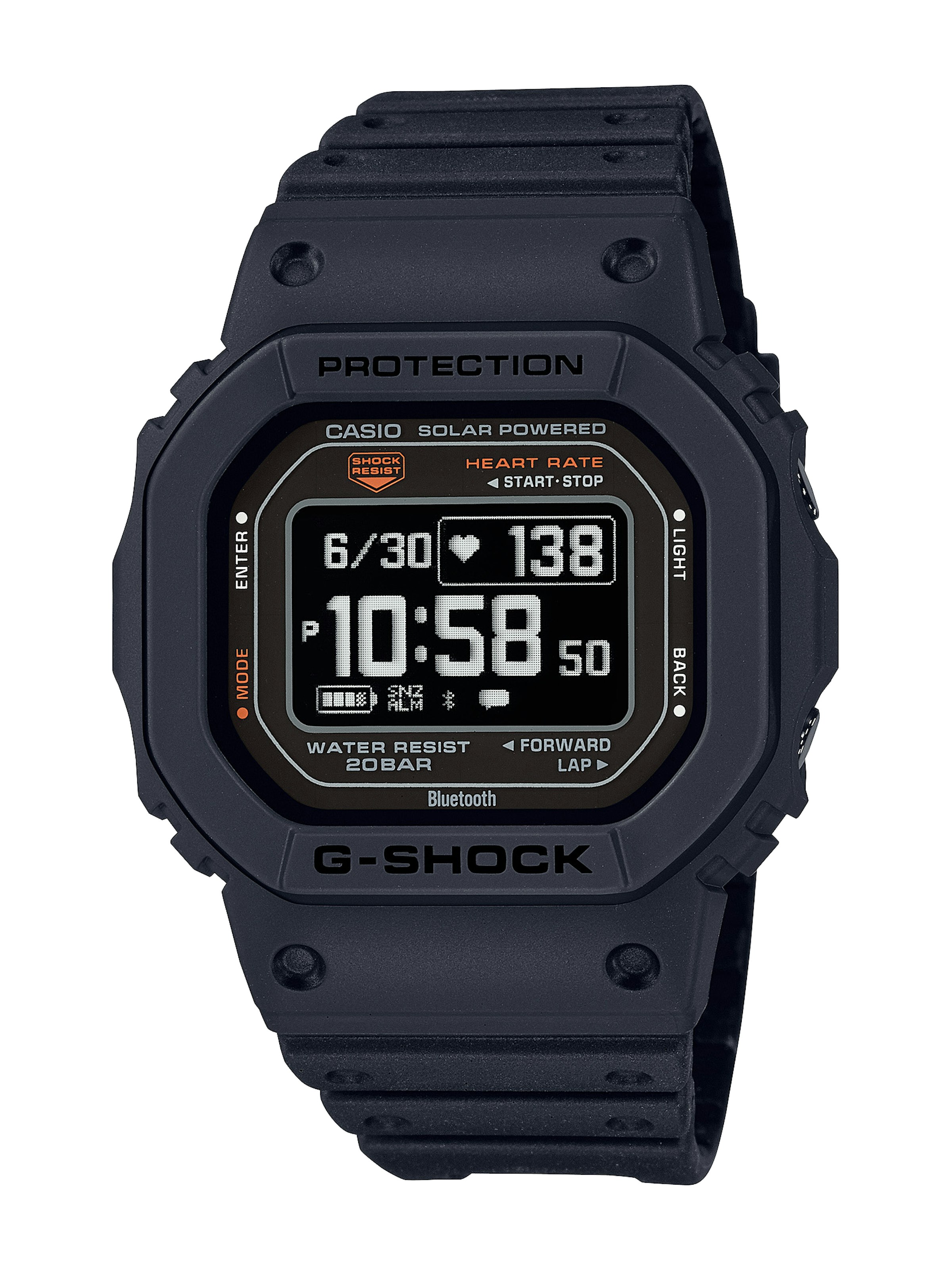 The 'DW-H5600', which debuted from the sports line 'G-SQUAD', is also a practical daily use model. Thanks to its built-in accelerometer and heart rate monitor, it can measure heart rate and step count. The watch also features larger text for better visibility. Priced at 41,800 yen (tax included)