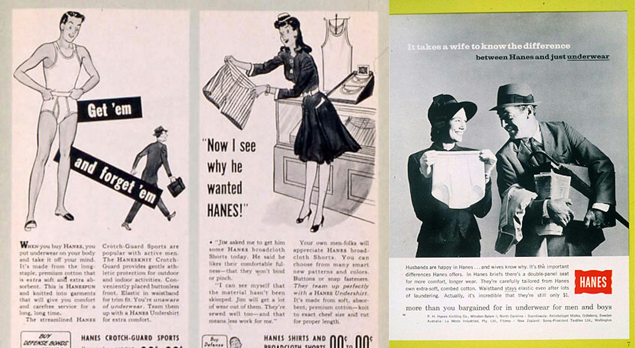Left-hand side: 1932 Briefs advertisement, Right-hand side: 1950 Briefs advertisement